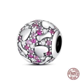 Silver Round Bones Hearts White and Pink Gems Charm