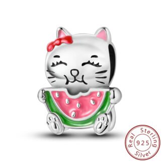 Silver Kitten Cat Eating Watermelon Charm