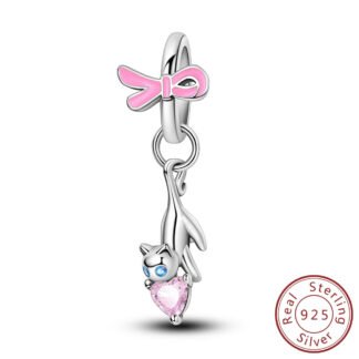 Silver Cat Clinging Pink Heart Gem Charm