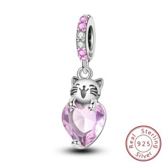 Silver Happy Cat Clinging Big Pink Heart Gem Charm