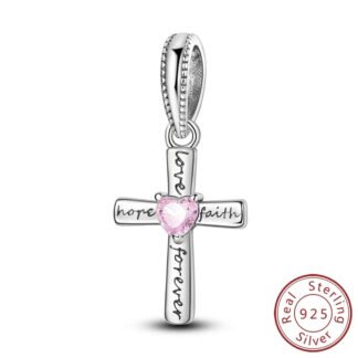 Silver Cross Pink Heart Gem Hope Faith Charm
