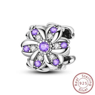 Silver Futuristic Flower White Purple Gems Charm