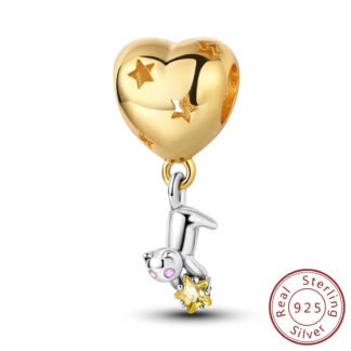 Silver Cat Golden Heart and Stars Charm