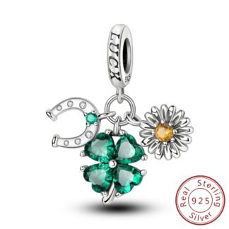 Silver Lucky Horseshoe Green Clover Daisy Charm