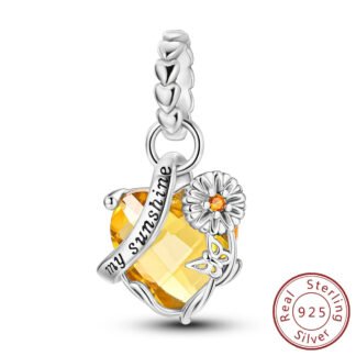 Silver Daisy My Sunshine Banner Yellow Heart Gem Nature Charm