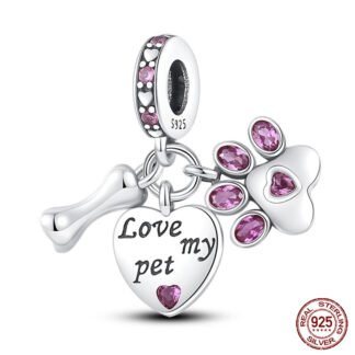 Silver Heart Bone Paw Pet Lover Dark Pink Gems Charm