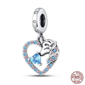 Silver Heart Unicorn Kiss Blue Heart Gem Charm
