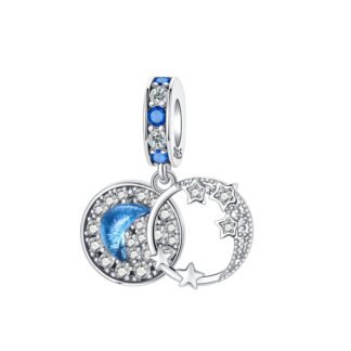 Silver Cosmic Blue Crescent Moon Star Frame Sparkly Charm