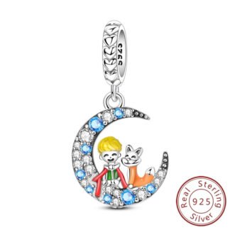 Silver Sparkly Crescent Moon Boy and Cat Charm