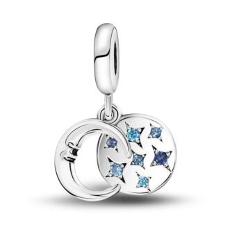 Silver Crescent Moon Blue Gems Stars Sky Medal Charm