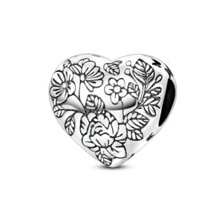 Silver Engraved Garden Flower Heart Charm