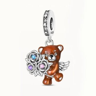 Silver Brown Angelic Winged Bear Rose Bouquet Romantic Charm