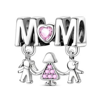 Silver Mom Pink Love Walking School Kid Children Hands Together Charm