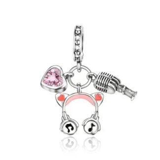 Silver Pink Heart Kitty Ears Headphone Singer Microphone Charm