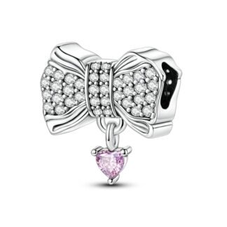 Silver Gems Bow Small Pink Heart Charm