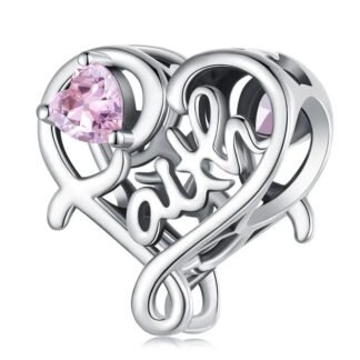 Silver Heart Faith Creative Lettering Pink Gem Charm