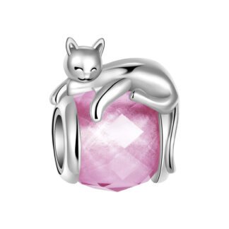 Silver Kitty Cat Resting Joy on Pink Gem Surface Charm
