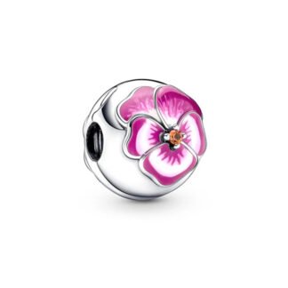 Silver Pink Pansy Flower Bead Charm