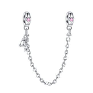 Silver Pink Hearts Climbing Small Bear Cub Chain Charm