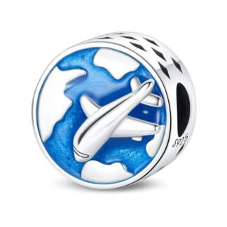 Silver Airplane Over Blue Gems Earth Round Charm