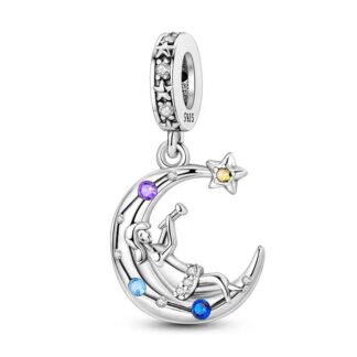 Silver Crescent Moon Girl Woman Stargazing Charm