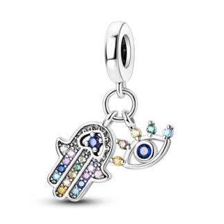 Silver Rainbow Gems Eye and Hamsa Hand Protective Charm