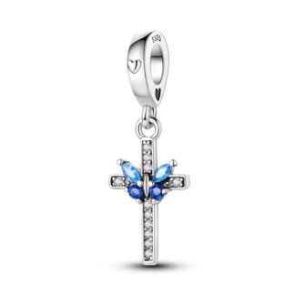 Silver Cross Blue Gems Decorated Spiritual Charm