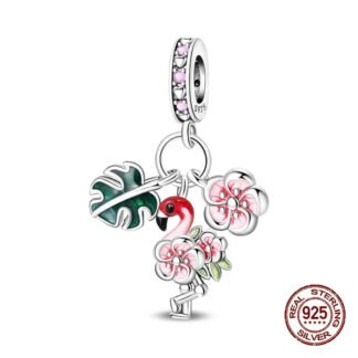 Silver Pink Flamingo Tropical Plants Leaf Flowers Bird Charm