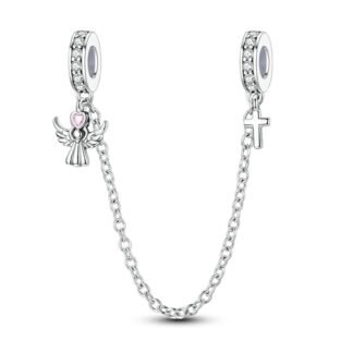Silver Cross Pink Heart Gem Angel Chain Charm