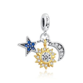 Silver Ornate Astrological Golden Sun Crescent Moon Blue Star Charm