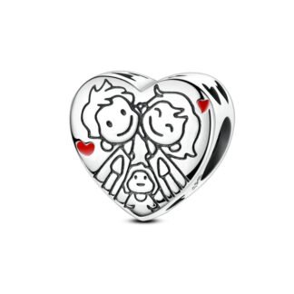 Silver Young Couple and Kid Family Love Heart Charm