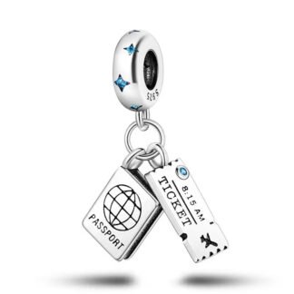 Silver Blue Gems Sparks Passport Plane Ticket Travel Charm