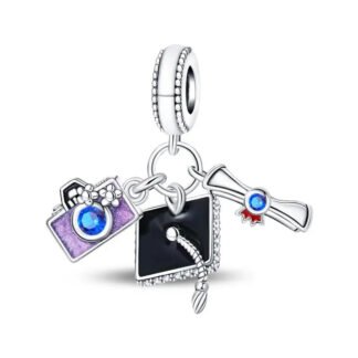 Silver Graduate Black Cap Purple Camera Memory Education Charm