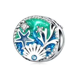 Silver Seashell Coral Starfish Green Blue Underwater Round Charm