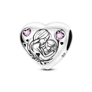 Silver Pink Gems Parental Love Mother Daughter Smooth Heart Charm