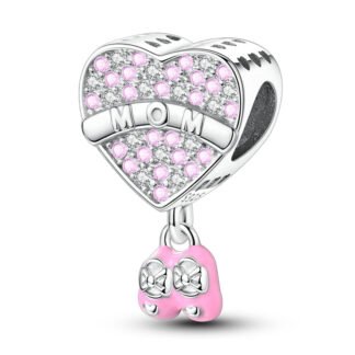 Silver Pink Gems Mom Heart Baby Shoes Charm