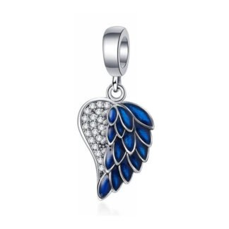Silver Sparkly Wing Right Side Blue Feathers Charm