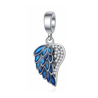 Silver Sparkly Wings Left Side Blue Feathers Charm