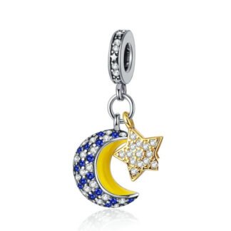 Silver White and Blue Gems Crescent Moon Golden Yellow Star Night Charm