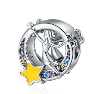 Silver Crescent Moon Girl Woman Yellow Star Myth Cosmos Round Charm