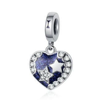Silver Stars Blue Space Heart Charm