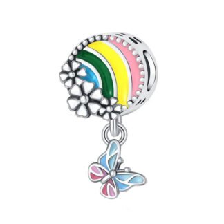 Silver Pastel Rainbow White Flowers Dangling Butterfly Charm