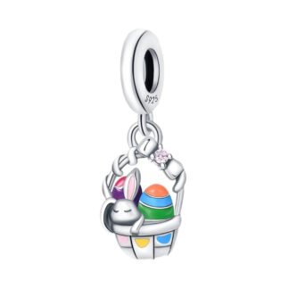 Silver Dangling Bunny Rabbit Colorful Easter Eggs Basket Charm