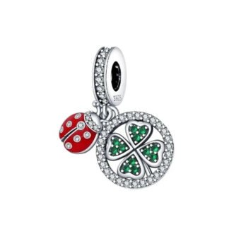 Silver Green Clover Ring Red Ladybug Charm