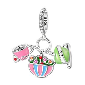 Silver Pink Tea Cup Salad Bowl Green Apple Charm