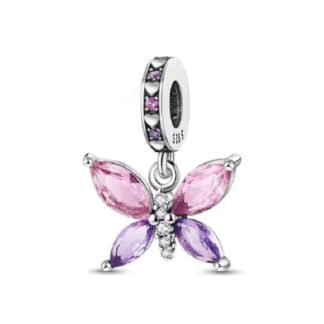 Silver Purple Pink Crystal Butterfly Charm