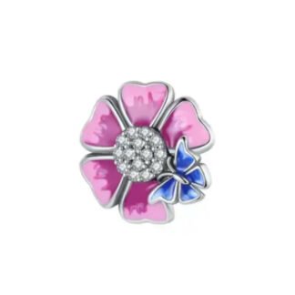 Silver Pink Fower Blue Butterfly Charm