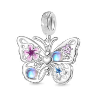 Silver White and Pink Flowers Prismatic Pearl Butterfly Nature Charm