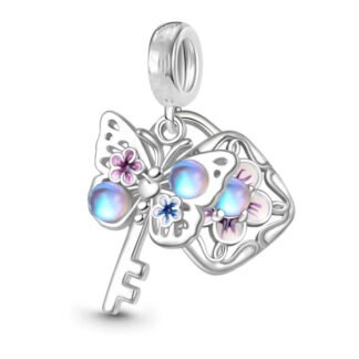 Silver White and Pink Flowers Prismatic Pearl Butterfly Key Charm