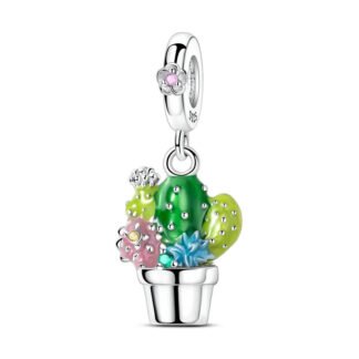 Silver Potted Green Pink Blue Small Cactus Charm